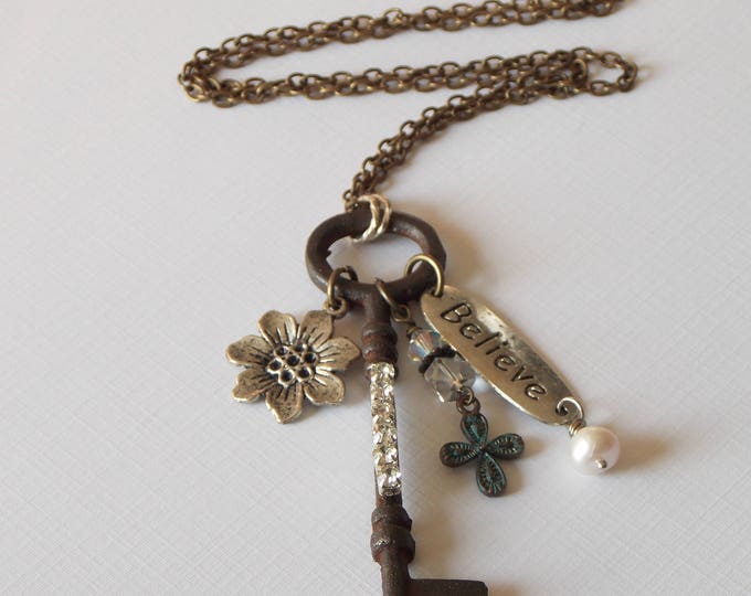 Altered Rustic Skeleton Key Necklace Vintage Key Mixed Metal Necklace Believe Pearl Rhinestone Cluster Charm Long Necklace