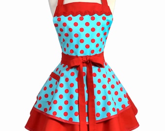 Ruffled Retro Pinup Apron - Sexy Turquoise and Red Polka Dot Womans Flirty Rockabilly Vintage Style Cute Apron to Personalize or Monogram