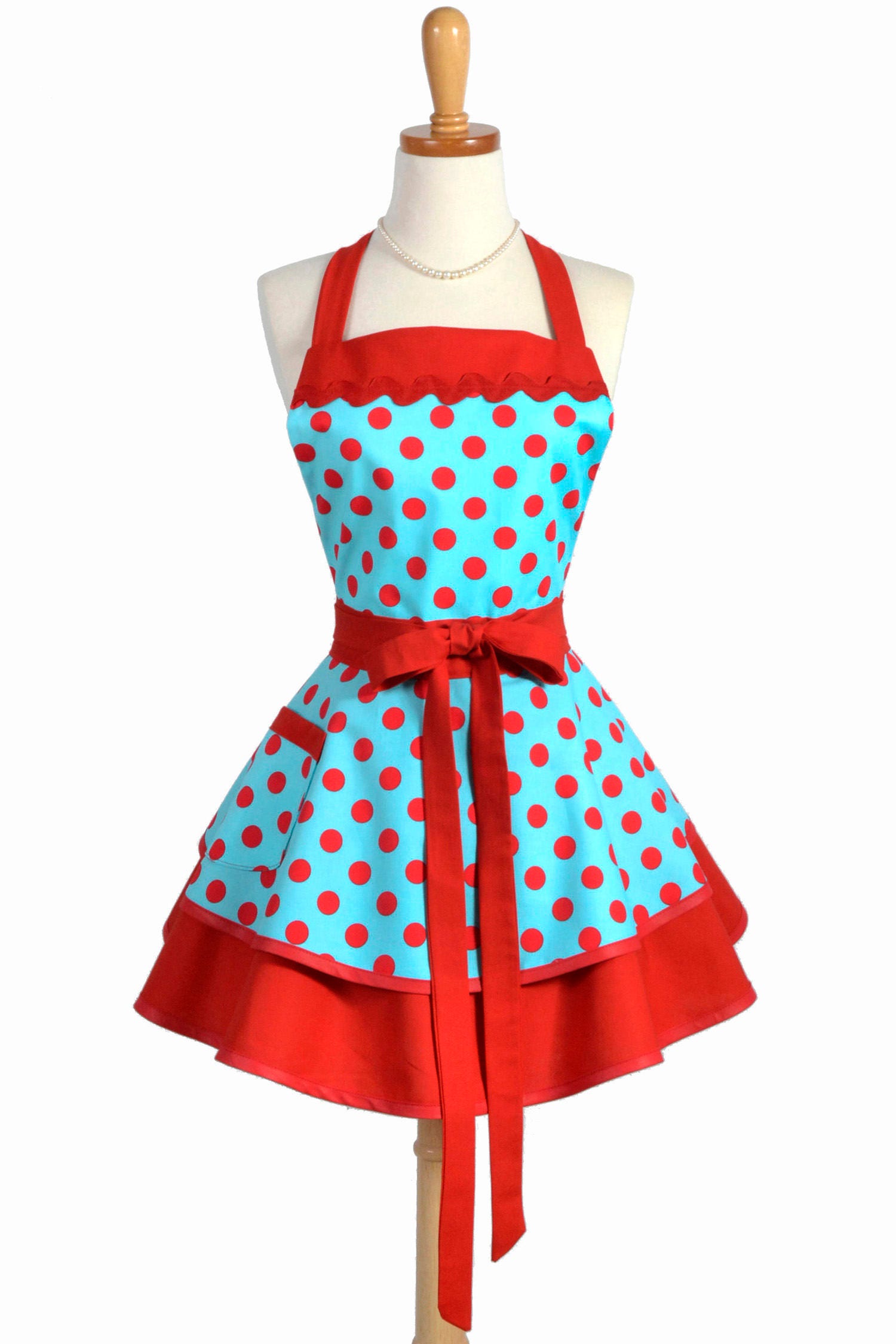 Ruffled Retro Pinup Apron Sexy Turquoise and Red Polka Dot