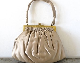 Vintage 1950's/French Beige Satin Purse with Gold Metal Frame/Joseph de Paris/Beige Satin French Purse/Taupe Silk Satin Handbag
