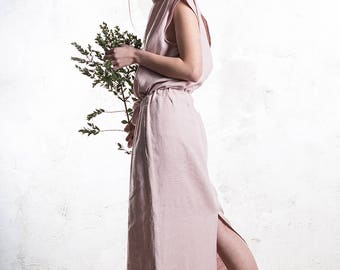 Linen maxi dress, Long linen dress, Dusty rose dress with pockets, LHI linen women's clothing