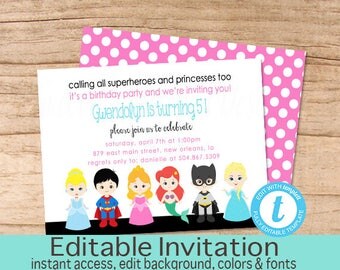 Superhero and Princess Birthday Invitation, Princess Birthday invitation, Superhero Invitation, Princess Invite, Editable Instant Download