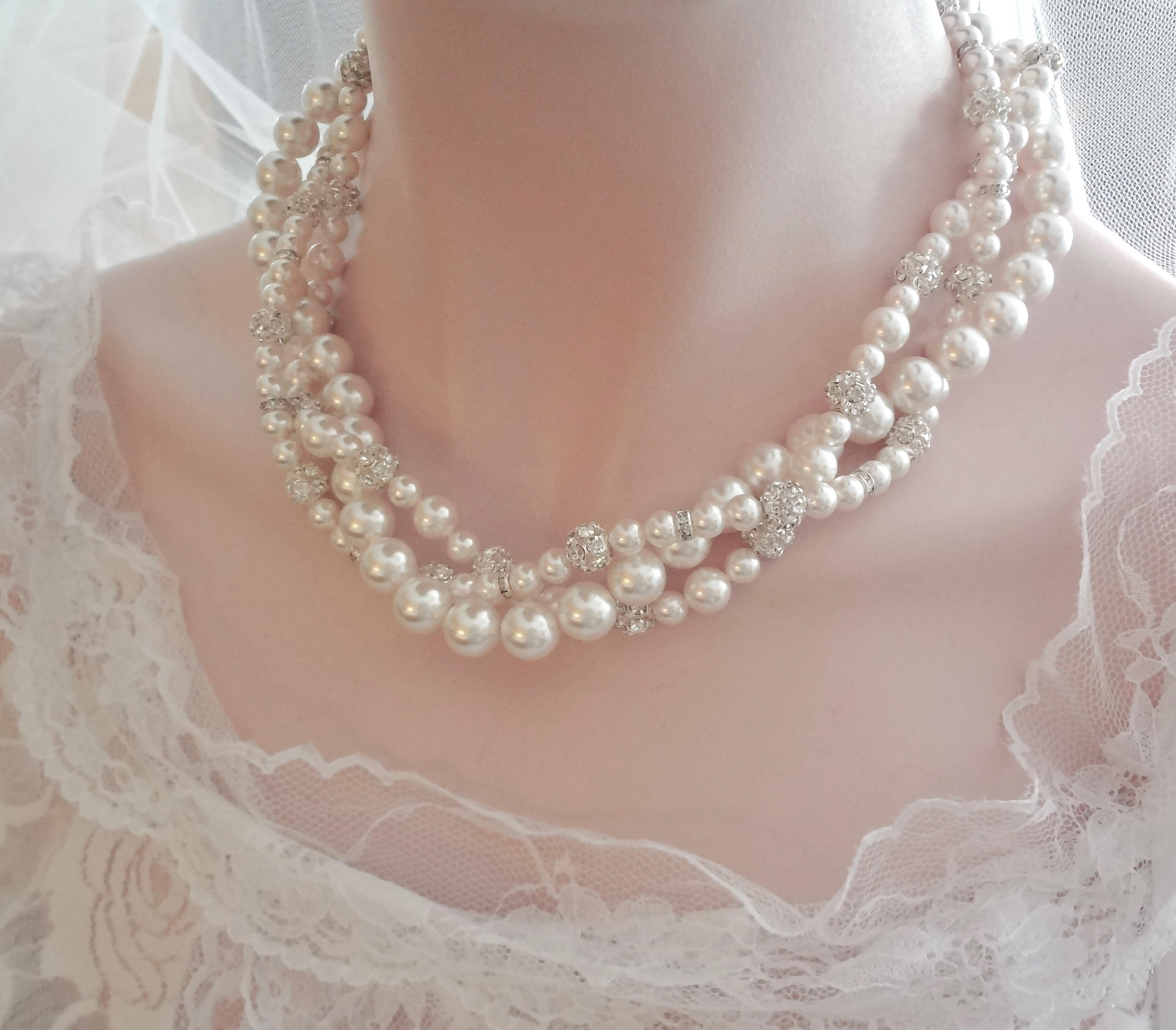 Chunky twisted pearl necklace Swarovski crystal and pearl