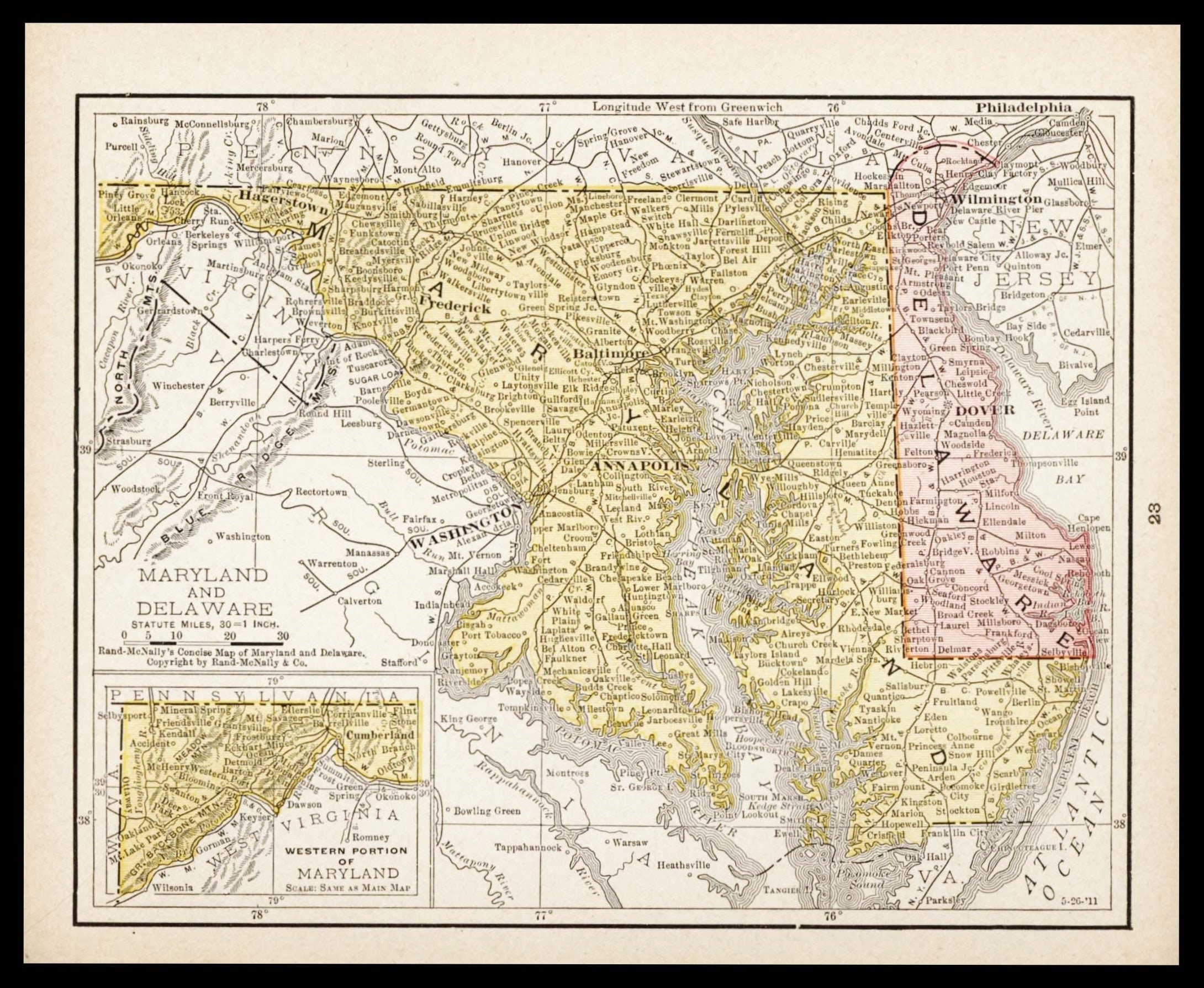 Small Maryland Map Delaware Map Vintage Wall Decor 1900s