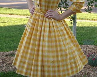cheerful YELLOW PLAID swiss dot SHIRTWAIST dress S 28 waist