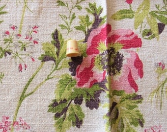 pink and red on cream floral print vintage cotton barkcloth