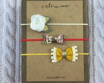 Autumn Baby Headband Set. Mustard Headband, Fall Glitter Bow, Felt Rose Headband, Gold Accent Headbands, Fall Headband Set, Baby Girl Gift