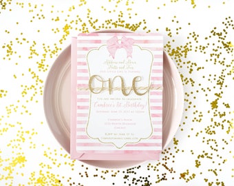 First birthday invitation. Baby girl first birthday. Ribbons and bows invite. Pink, gold glitter 1st birthday invite. Watercolor stripes