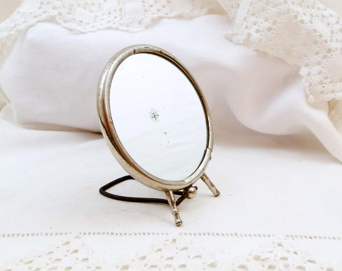 Small Vintage Round Make Up Free Standing Mirror With Folding Easel Stand from France, Chrome Art Deco Vanity Mirror, French Boudoir Decor