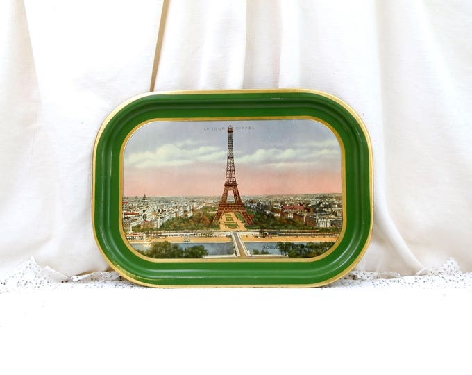 Vintage 1930s Metal Serving Tray Souvenir of Paris with Eiffel Tower View of the River Seine and the City Green and Gold Edge