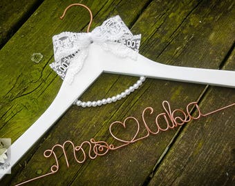 BRIDE Wedding Dress Hanger - Rose Gold Hanger - Bride Hanger - Wedding Hanger - Pearl Hanger - Lace Dress Hanger - Personalized name Hanger