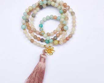 Moonstone Mala, Moonstone Mala Necklace, Amazonite Mala Beads, Mala Necklace, Prayer Beads, Healing Necklace, Mala Beads, Tassel Mala, MNMO