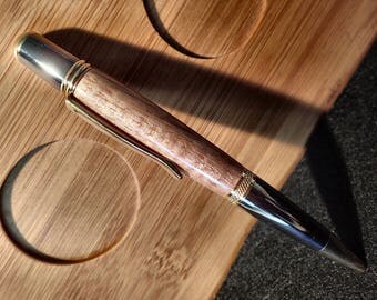 Curly Blond Koa Hand Turned Sierra Style Grey Titanium & Gold Titanium Twist Ballpoint Pen Made from Hawaiian Curly Koa In Maple Box/Stand