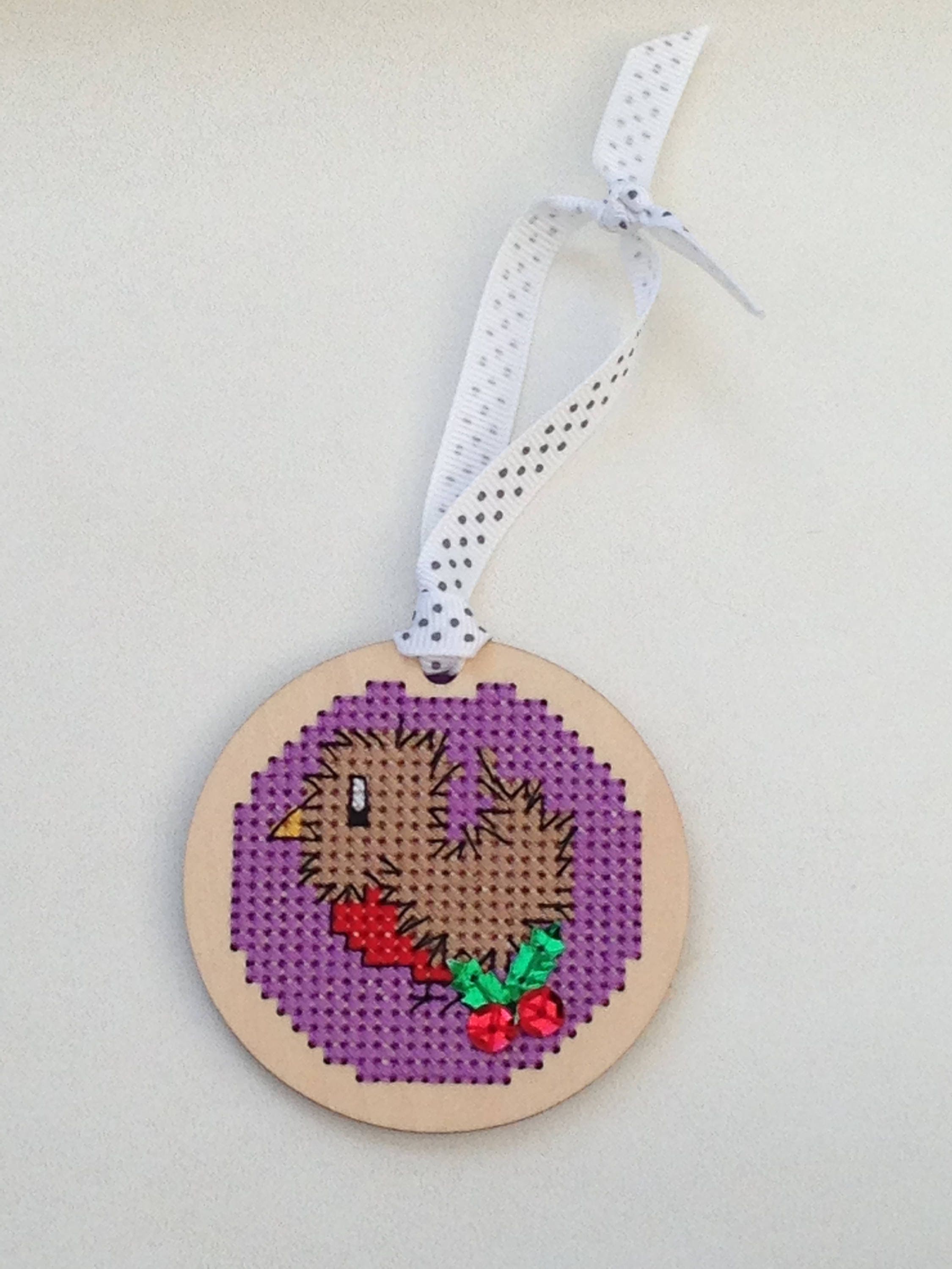 Christmas Robin cross stitch wooden tree ornament decoration