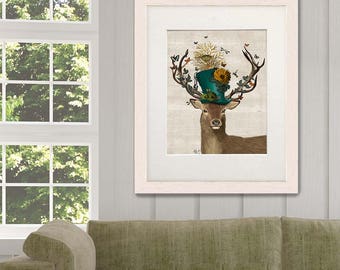 The Mad Hatter Deer - Alice in wonderland decor, deer illustration stag painting wall decor digital print deer art print Stag Head