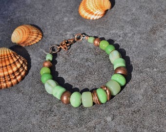 Bohemian Bracelet, Gift for Her, Ethnic Jewelry, Red Copper, Ceramic & Glass Beads Bracelet, Green Beaded Bracelet, Boho Jewelry Summer