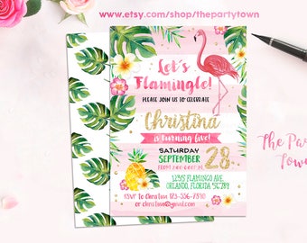 Flamingo Birthday Invitation, Pineapple Invitation, Gold Flamingo Invitation with Palms, Luau Invitation Gold Pineapple Birthday