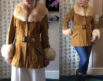 Vintage 70's PENNY LANE MoD LEATHER FuR Trimmed Suede Winter Almost Famous Style BeLTED CoAT