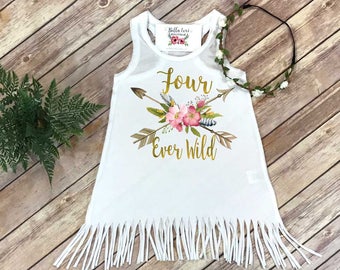 Fourth Birthday, Four Ever Wild, Girl Birthday Dress, 4th Birthday, Fringe Birthday Dress, Boho Birthday, Girl Birthday Shirt, For Ever Wild