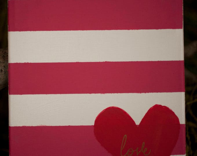 Love 8x10 Handpainted Canvas Pink and White Striped with Red Heart