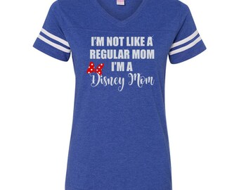 GLITTER Im not like a regular mom Im a Disney Mom V Neck Football Tee // Disney Cinderella Castle Disney Clothing // (3537)