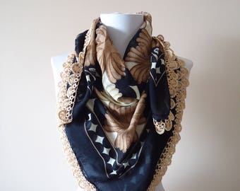Traditional Turkish Yemeni, Oya scarf, Handmade Scarf, Crochet Oya Scarf, brown scarf, cotton floral scarf, handmade beadwork oya