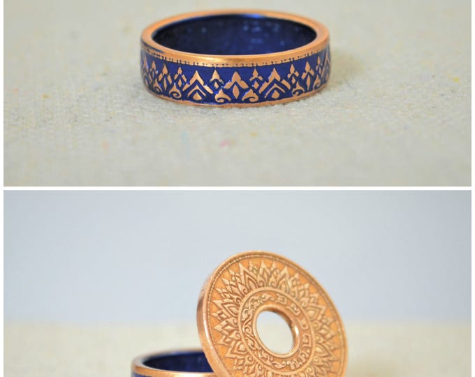 Thailand Coin Ring, Blue Coin Ring, Blue Ring, Crown Ring, Unique Ring, Blue BoHo Ring, Coin Jewelry, Blue Bohemian Ring, Thai Coin Ring