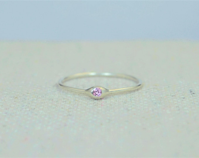 Dainty Sterling Silver Pink Tourmaline Mothers Ring, Birthstone, Tiny Tourmaline Ring, Dew Drop Ring, Stacking Ring, October Birthday Gift