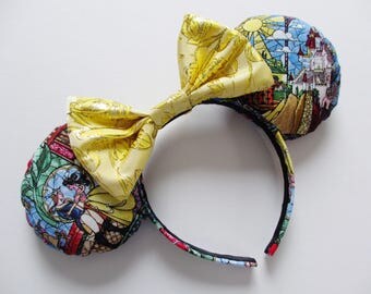 Beauty and the Beast Stained Glass Print Mouse Ears Headband