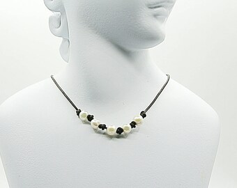 Leather Pearl choker necklace - pearl necklace - leather necklace - third anniversary gift for her - pearl clasp no metal