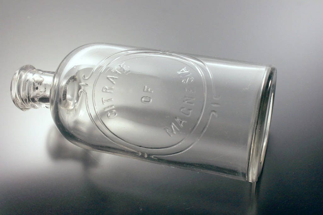 Antique Bottle, Citrate of Magnesia, Clear Glass, Embossed, Crown Top
