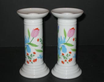 Vintage Pink Tulip Floral Candle Holders - Heinrich Porcelain Candlesticks - Germany Candle Holders - Pair