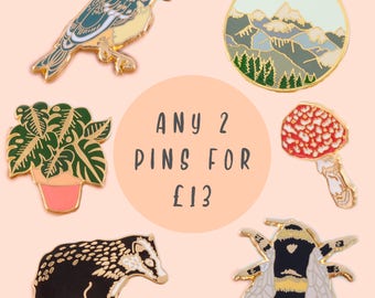 Any 2 Enamel Pins Deal | Pin Badge | Hard Enamel Pin | Gold Enamel Pin | Wildlife | Nature Pin | Lapel Pin | Plant Pin | Wildlife Pin