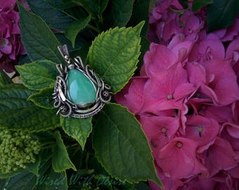 Green Chrysoprase pendant, silver wire wrapped pendant, wire wrapped jewelry, sterling silver necklace, Victorian wirewrap