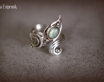 Silver ring Adjustable ring Labradorite gemstone Labradorite jewelry Sterling silver Wire wraped ring Silver wire Silver flower