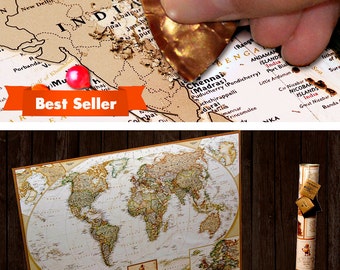 Paper Anniversary Gift for him - scratch off map with push pins.