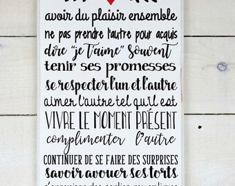 Wood sign - Règle pour un mariage heureux - hand painted, sign in french, wedding gift, personalized, family sign, (n# 1-2-010)