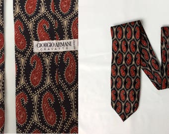 vintage Giorgio Armani SIlk Tie 1980s Cravatte black and red designer tie with sylized geometric paisley pattern