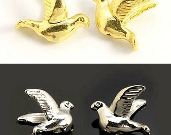 Set of 2 birds, brass or silver, 11.5 mm beads