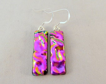 Pink Dichroic Fused Glass Dangle Earrings, Fused Glass, Fused Glass Earrings, Glass Earrings, Dichroic Earrings, Dangle Earrings, Pink