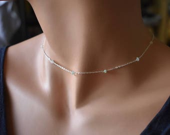 Opal Necklace, Tiny Fire Opal Choker, Gold Choker, Stone Choker, Silver Choker, October Birthstone Necklace, Delicate Dainty Chain Choker
