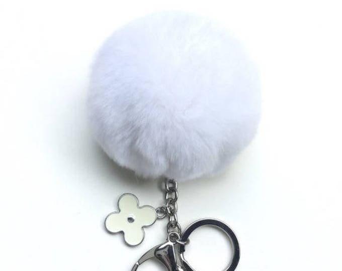New! Summer Collection Pure White fur pom pom keychain bag charm flower clover keyring