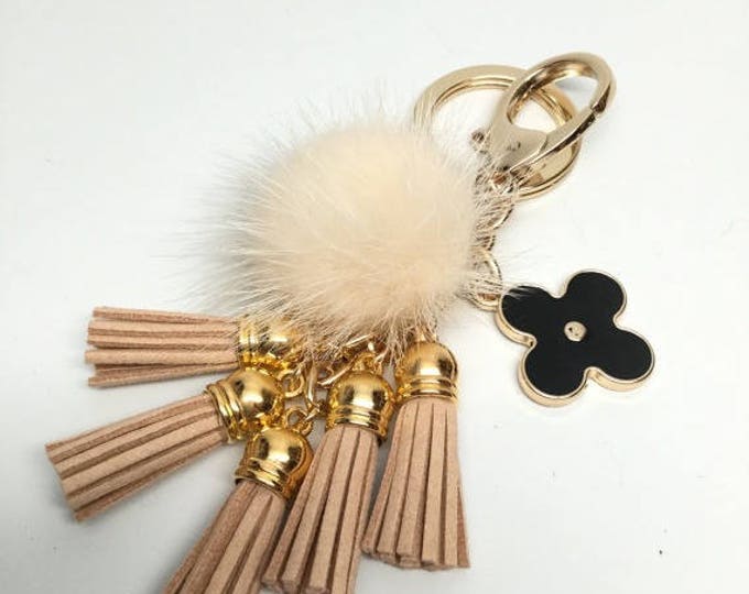 Cute Genuine Mink Fur Pom Pom Keychain bag charm with suede tassels and flower charm in Beige