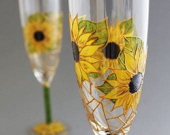 Sunflower Wedding Glasses, Rustic Wedding Glasses, Sunflower Champagne Glasses, Sunflower themed wedding