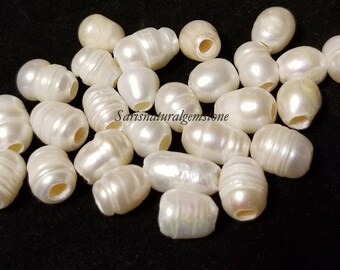Natural Freshwater Pearls Beads,3mm hole bead ,oval loose pearl beads, Natural Color, White,8-9mm wide, 8-12mm long,large hole: 3mm.