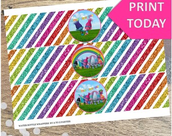 Trolls Glitter Rainbow Water Wrappers, Instant Download, Trolls Party, signs, centerpiece, coordinating items avail for purchase, labels