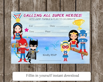 gymnastics invitation-supergirl- birthday- invitation-you fillin your self-birthday party invite- instant download-girls-boys invite