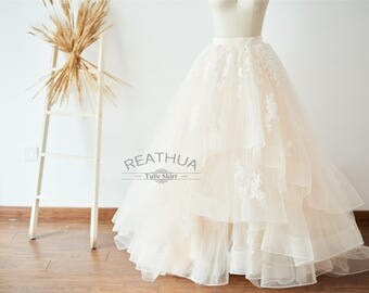 Champagne Lace Tulle Full Floor Length Wedding Dress Skirt/Adult Women Long Tulle Skirt with Horsehair Hem Bridal Skirt