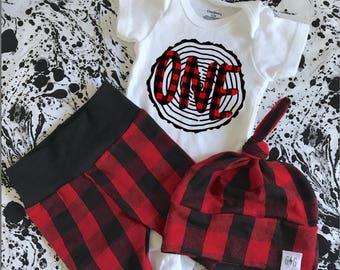 Lumberjack First Birthday, Lumberjack First Birthday Outfit, Lumberjack pants, Buffalo Plaid Outfit, Knot Hat, Baby Knot Hat, Boy Pants,