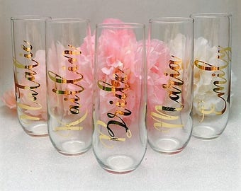 Set of 5 Personalized Stemless Champagne Flutes | Bridal Party Gifts | Baby Shower Hostess Gifts | Bridesmaid Gift | Going Away Party Gift
